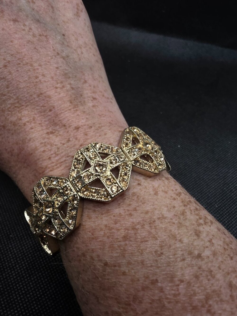 Vintage MONET Maltese Cross Octagonal Stretch Bracelet Gold Tone Amber Crystals